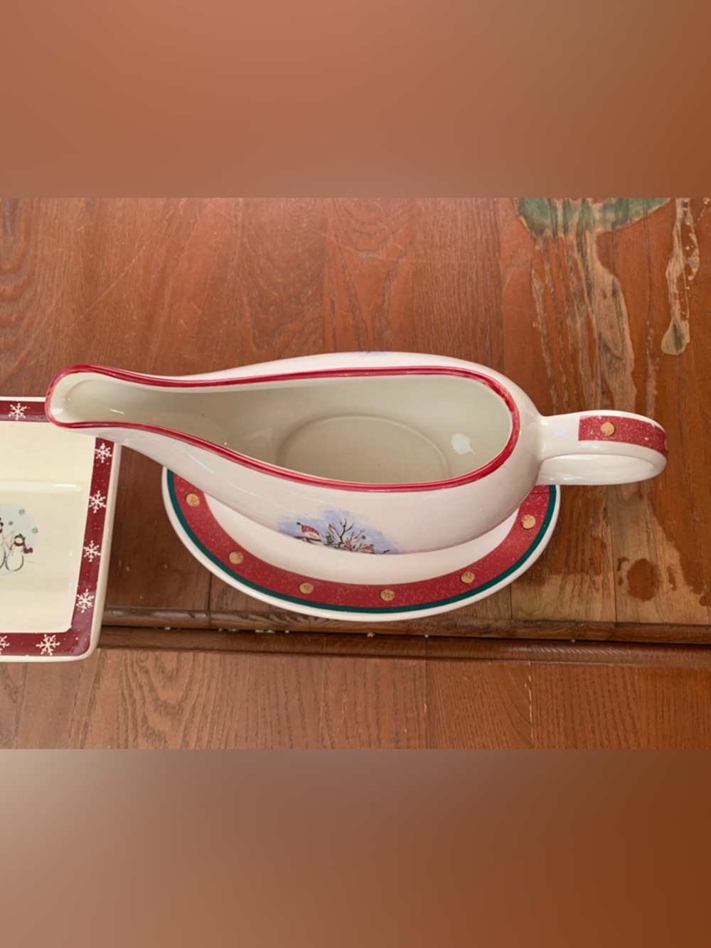 Vintage Royal Seasons Holiday Snowman Ceramic Gravy Boat and Dish Set - Red Tri - Picture 3 of 7
